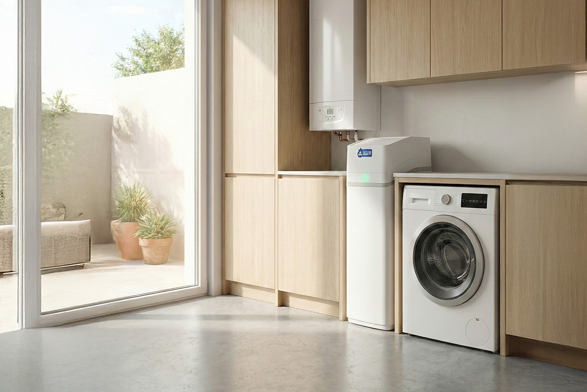 Descalcificador de agua instalado al lado de una lavadora